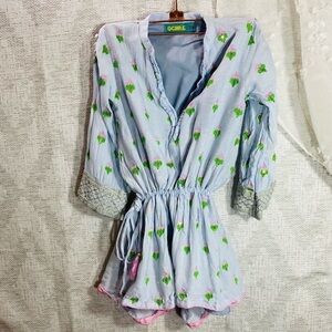 Ochre baby blue tunic with green & pink flower details size 7/8